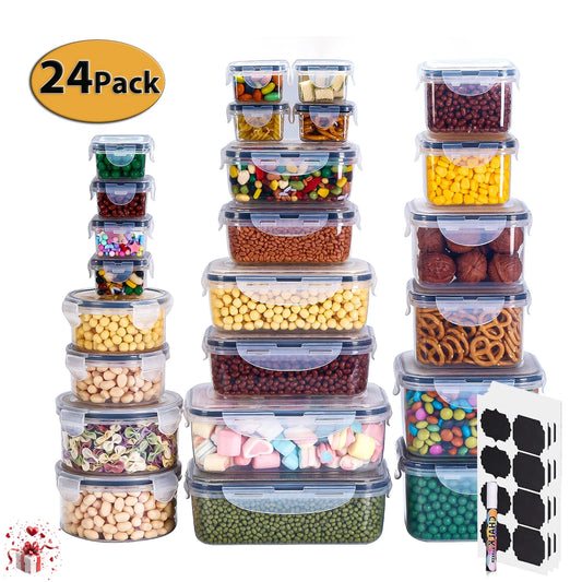 24 Pack Airtight Food Storage Containers Set with Lids, Plastic Leak-Proof Canisters for Cereal Flour Sugar,Bpa Free Leak Proof Plastic Lunch Boxes(Labels & Marker)