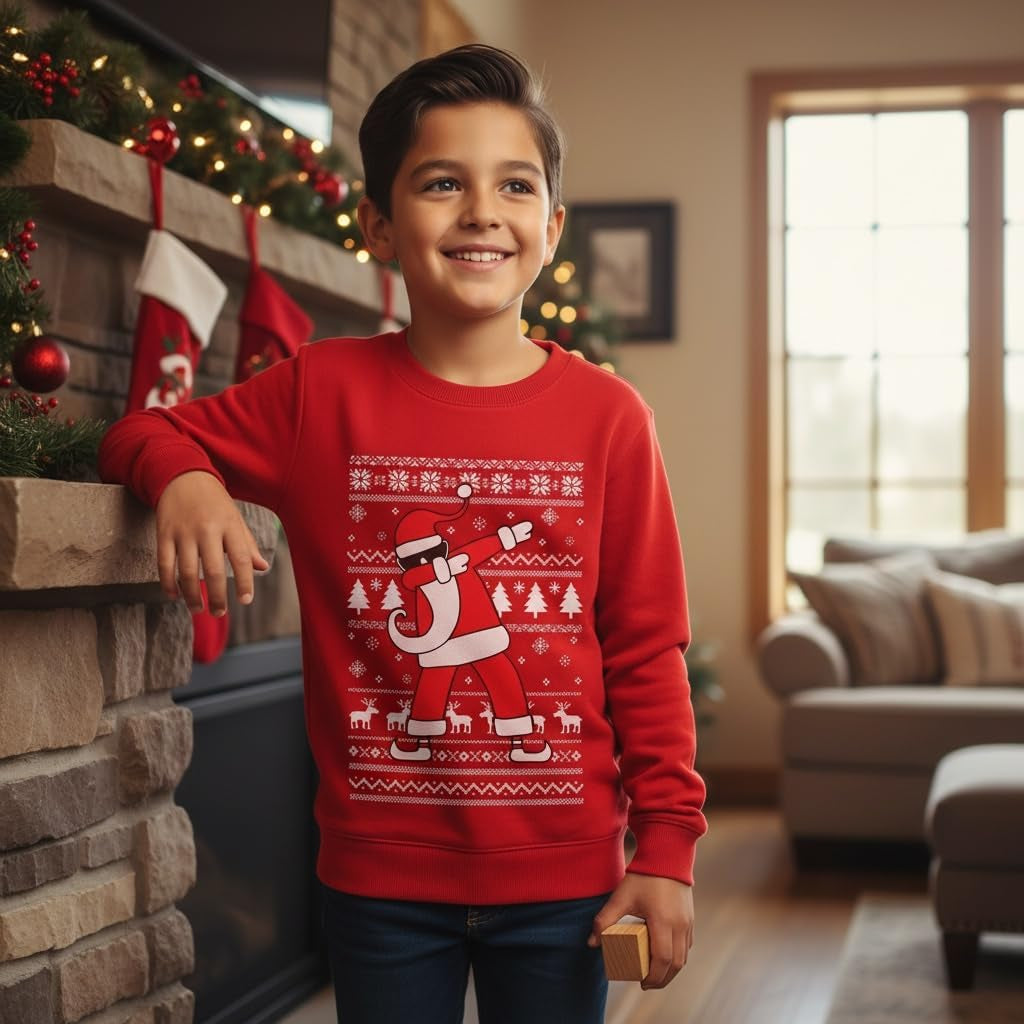 Dabbing Santa Kids Christmas Sweatshirt - Funny Ugly Holiday Sweater Style Pullover for Boys & Youth