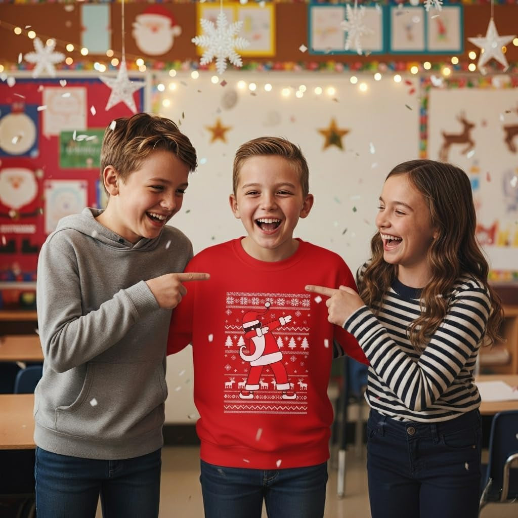 Dabbing Santa Kids Christmas Sweatshirt - Funny Ugly Holiday Sweater Style Pullover for Boys & Youth