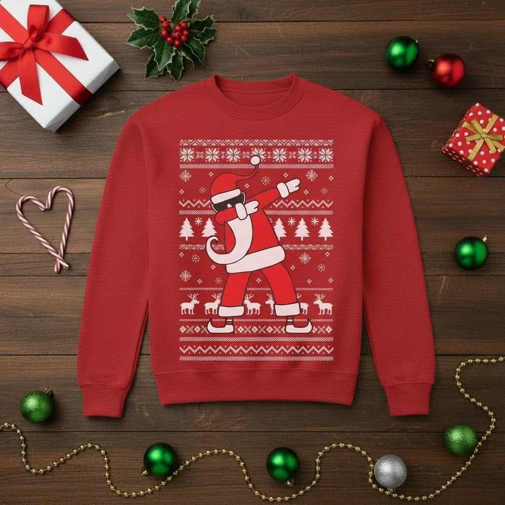 Dabbing Santa Kids Christmas Sweatshirt - Funny Ugly Holiday Sweater Style Pullover for Boys & Youth