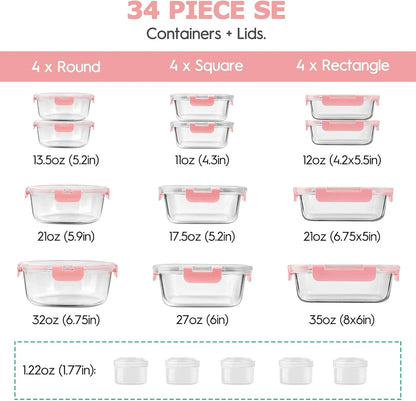 34Pcs Glass Food Storage Containers with Lids Set, Airtight Meal Prep Containers (17 Containers & 17 Lids), Pink