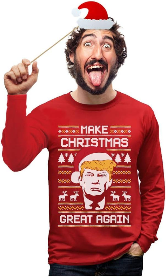 Make Christmas Great Again Sweatshirt Trump Ugly Xmas Sweater Style Long Sleeve Large Red