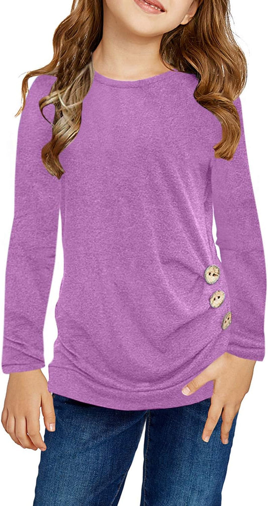 Girls Casual Tunic Tops Knot Front Long Sleeve Loose Soft Blouse T-Shirt Size 4-13