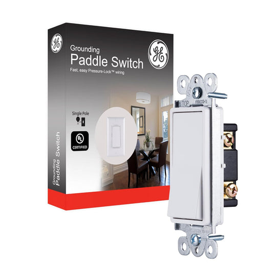 Paddle Rocker Switch - Single Pole Switch, On/Off, Replacement for Light Switches & Ceiling Fans, Grounding, UL Listed, White, 50726