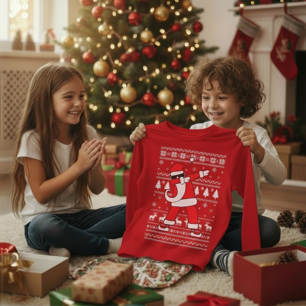 Dabbing Santa Kids Christmas Sweatshirt - Funny Ugly Holiday Sweater Style Pullover for Boys & Youth