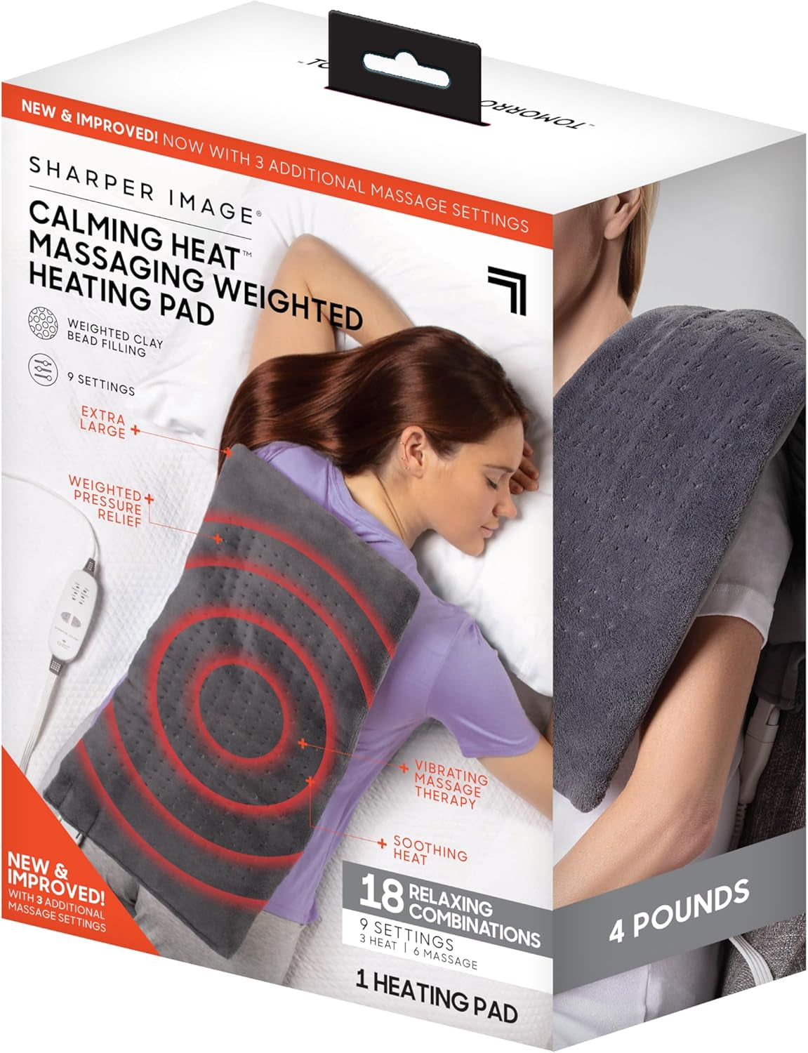 Calming Heat Massaging Weighted Heating Pad by Sharper Image- Weighted Electric Heating Pad with Massaging Vibrations, 9 Settings- 3 Heat, 6 Massage- 18 Relaxing Combinations, 12” X 24”, 4 Lbs