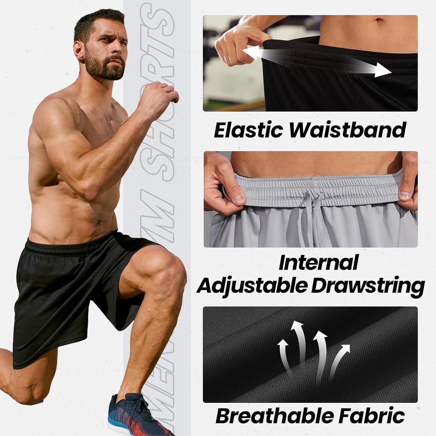 Athletic Shorts for Men with Pockets and Elastic Waistband Quick Dry Activewear
