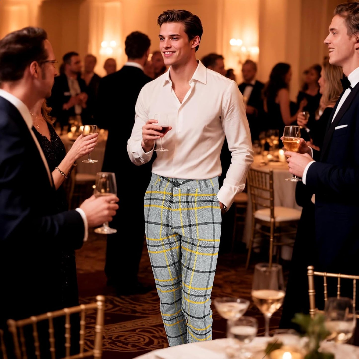 Mens Plaid Dress Pants Stretch Chino Pants Men Slim Fit